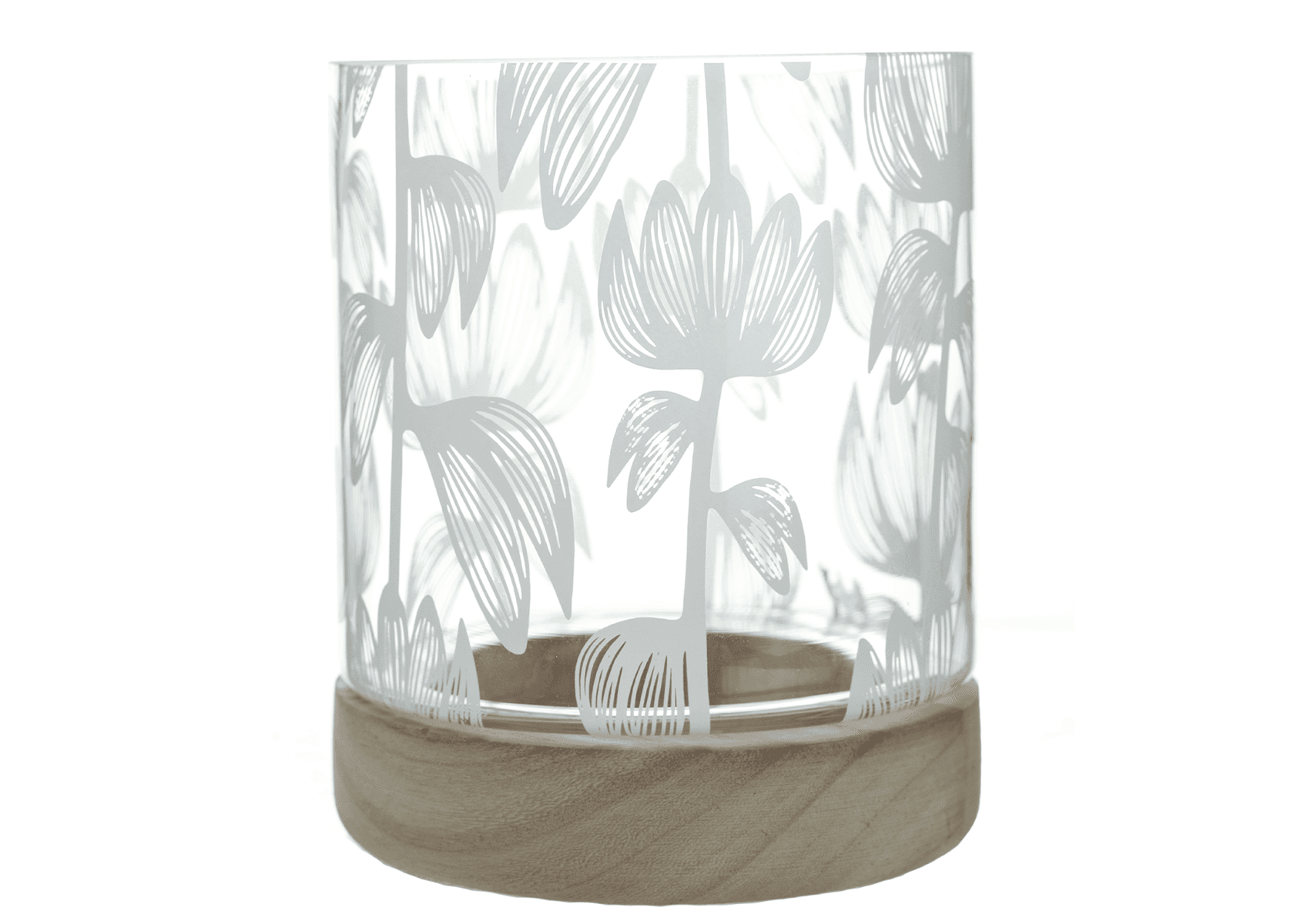 Glass vase w/ Tulip Print and wood base