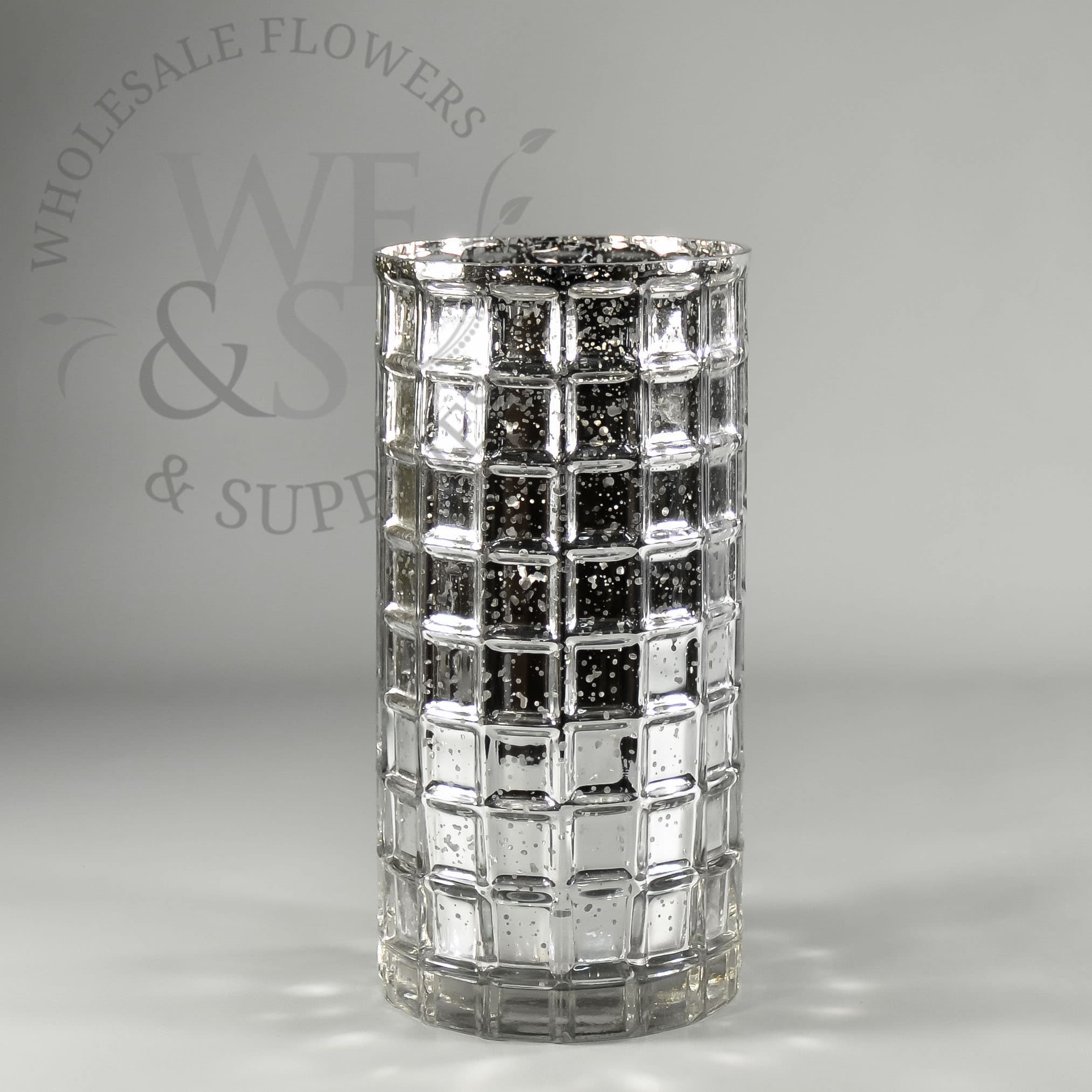 Silver and Mercury Glass Mosaic Cylinder Vase 10x5in