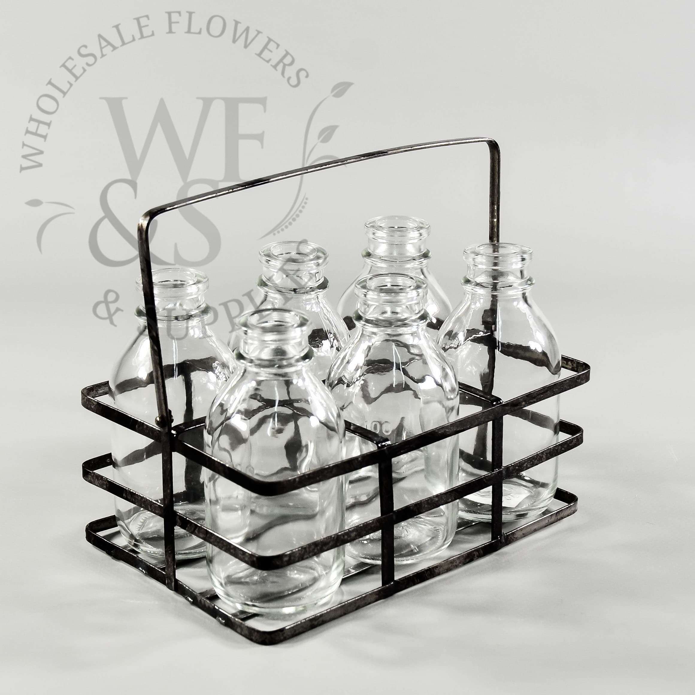 6 Glass Milk Bottles in Metal Carrier - View 1