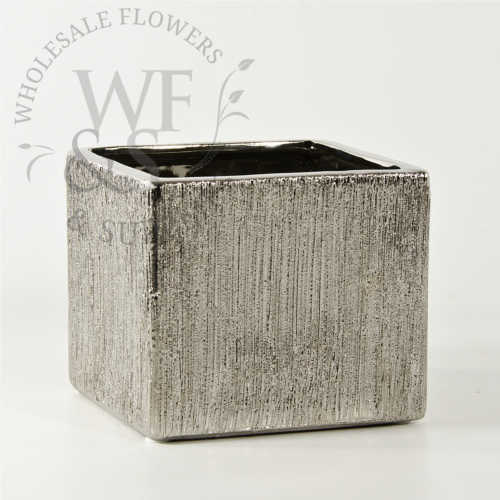 Etched Ceramic Cube Vase in Silver 3.5"