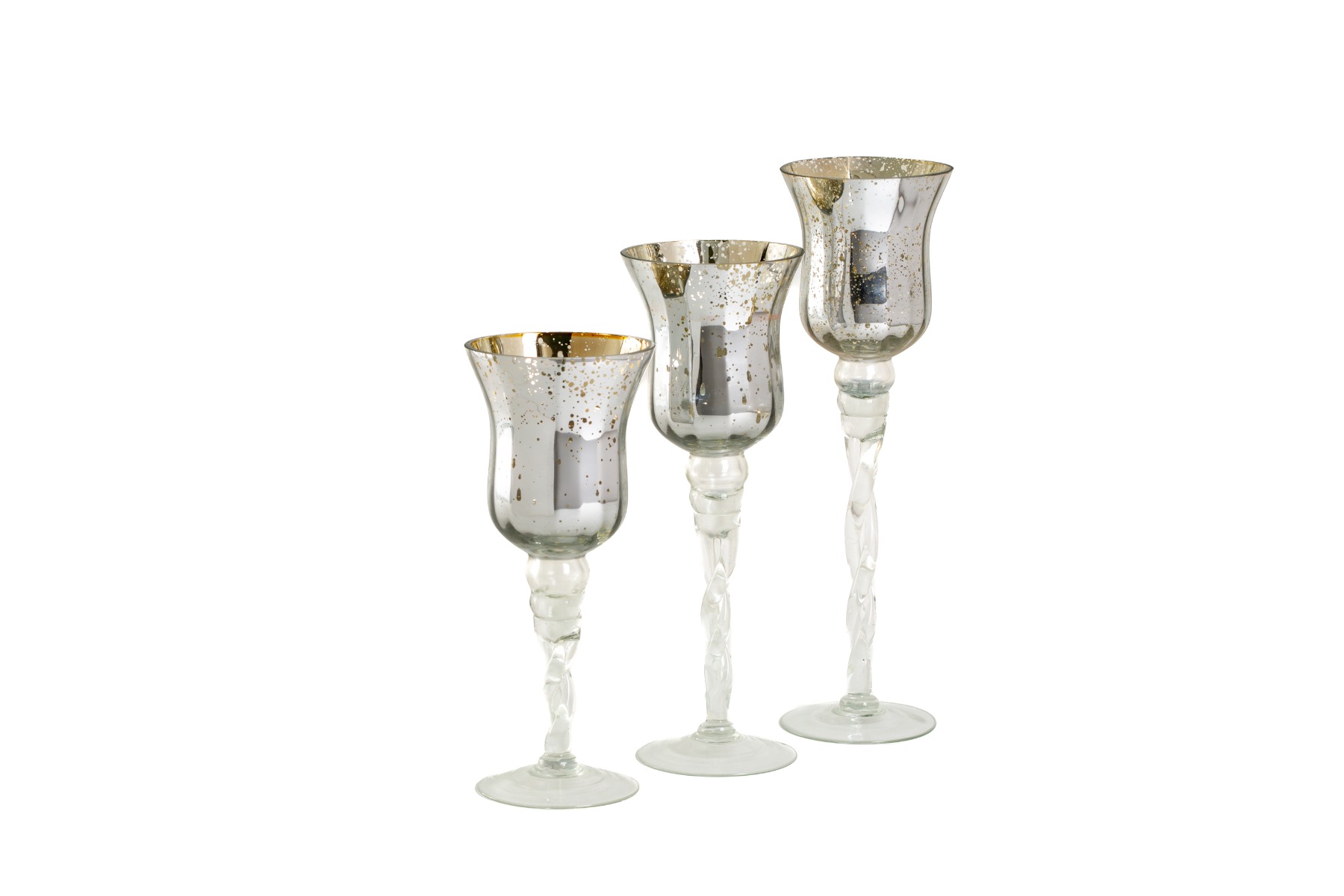 Set of 3 Silver Mercury Glass Vase / Candle holder Twisted Stand