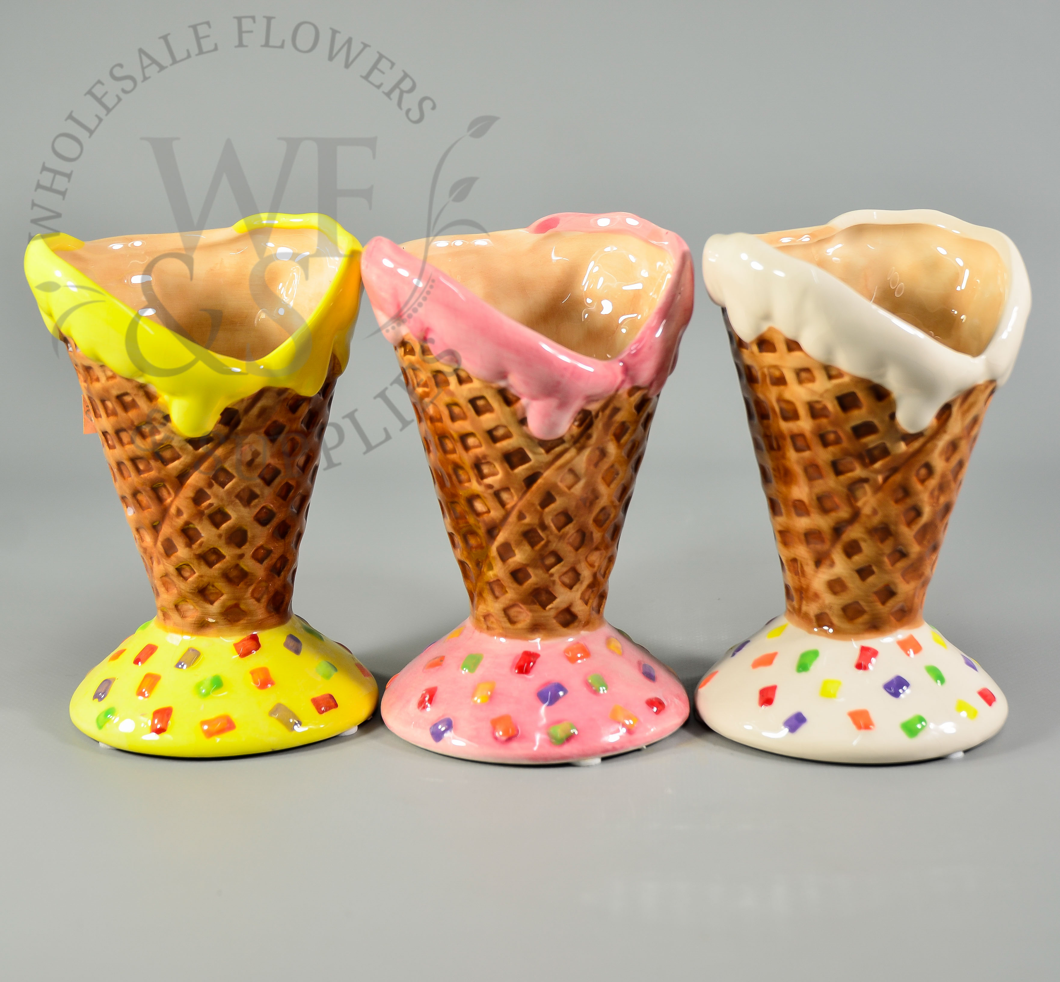 Ice Cream Cone Ceramic Vases Pink, White and Yellow