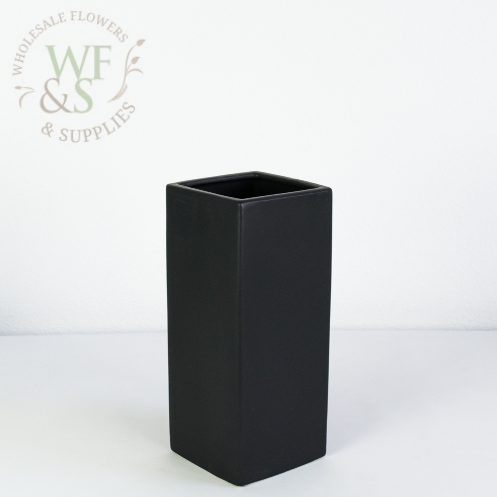 Modern Black Matte Ceramic Square Vase 12" Tall