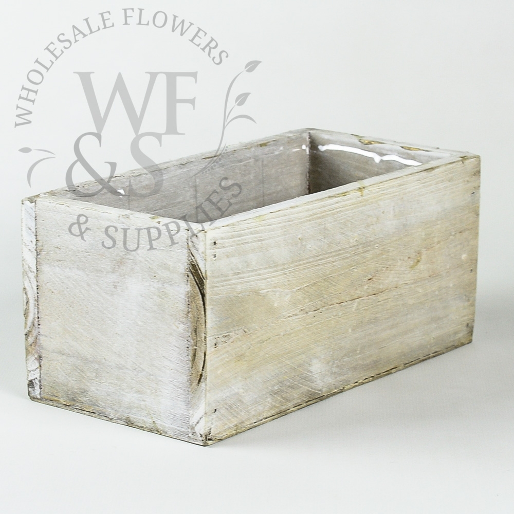 Rectangle White Brushed Wood Planter 3.5" Tall