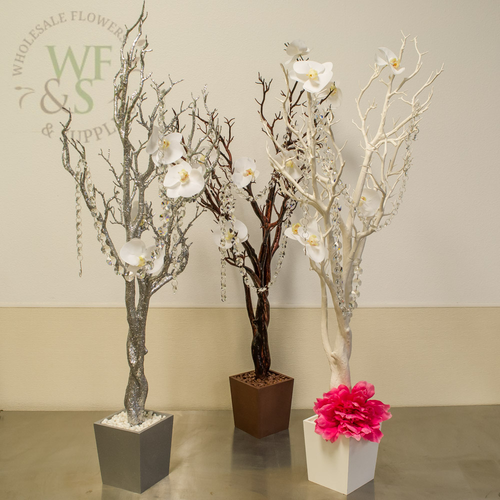 Manzanita Centerpiece Tree in White, Brown and Glittered Silver