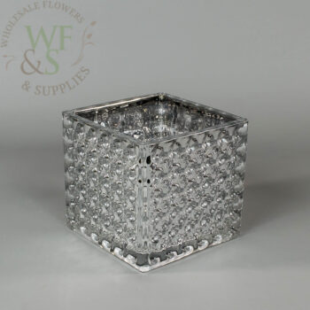 Square Glass Cube Vase, Dimple Effect 4-inches x 4-inches Silver