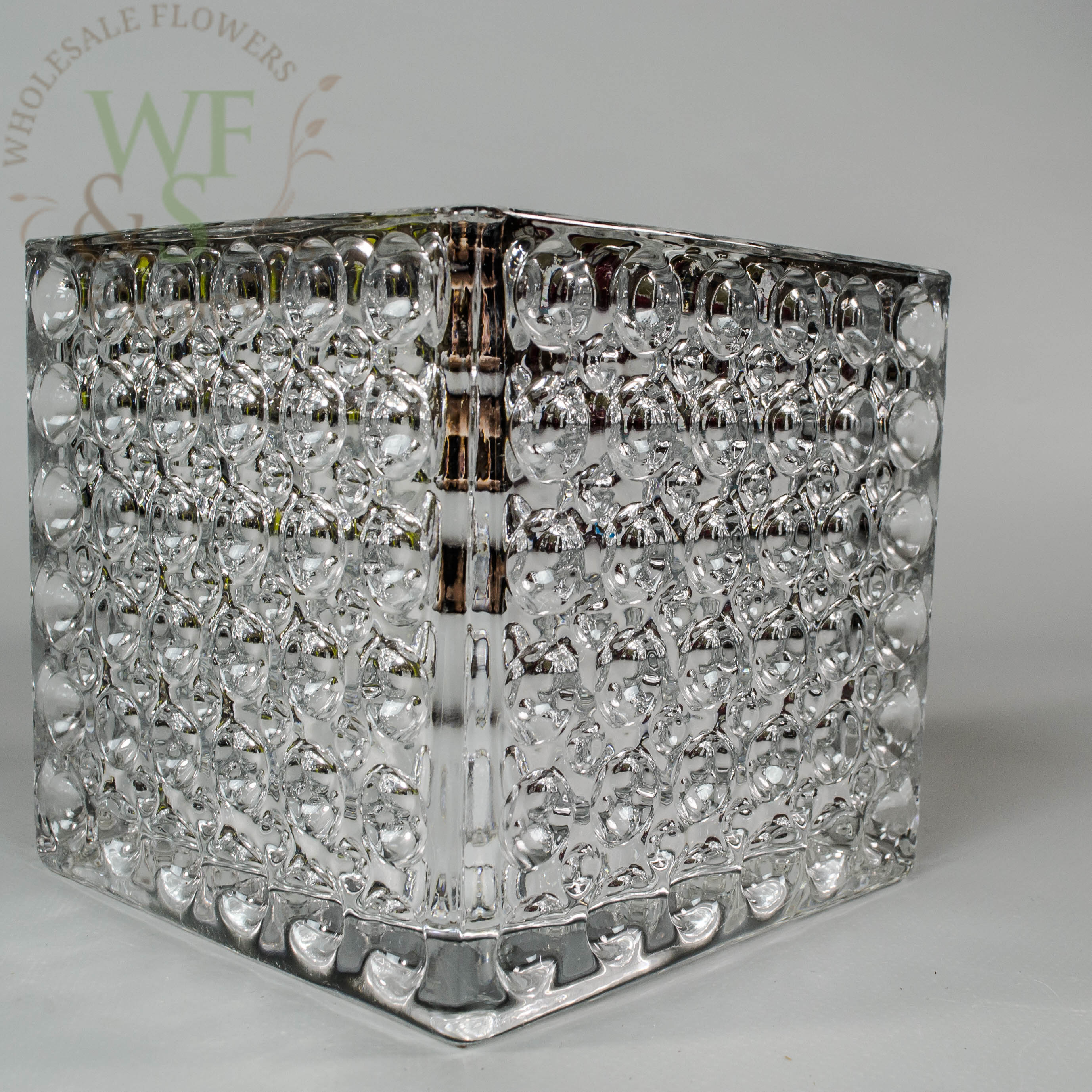 Square Silver Mirrored Glass Cube Vase Dimple Effect 5x5  corner