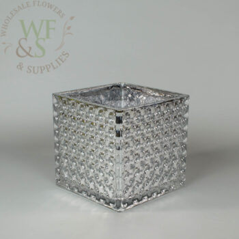 Square Silver Mirrored Glass Cube Vase Dimple Effect 6x6