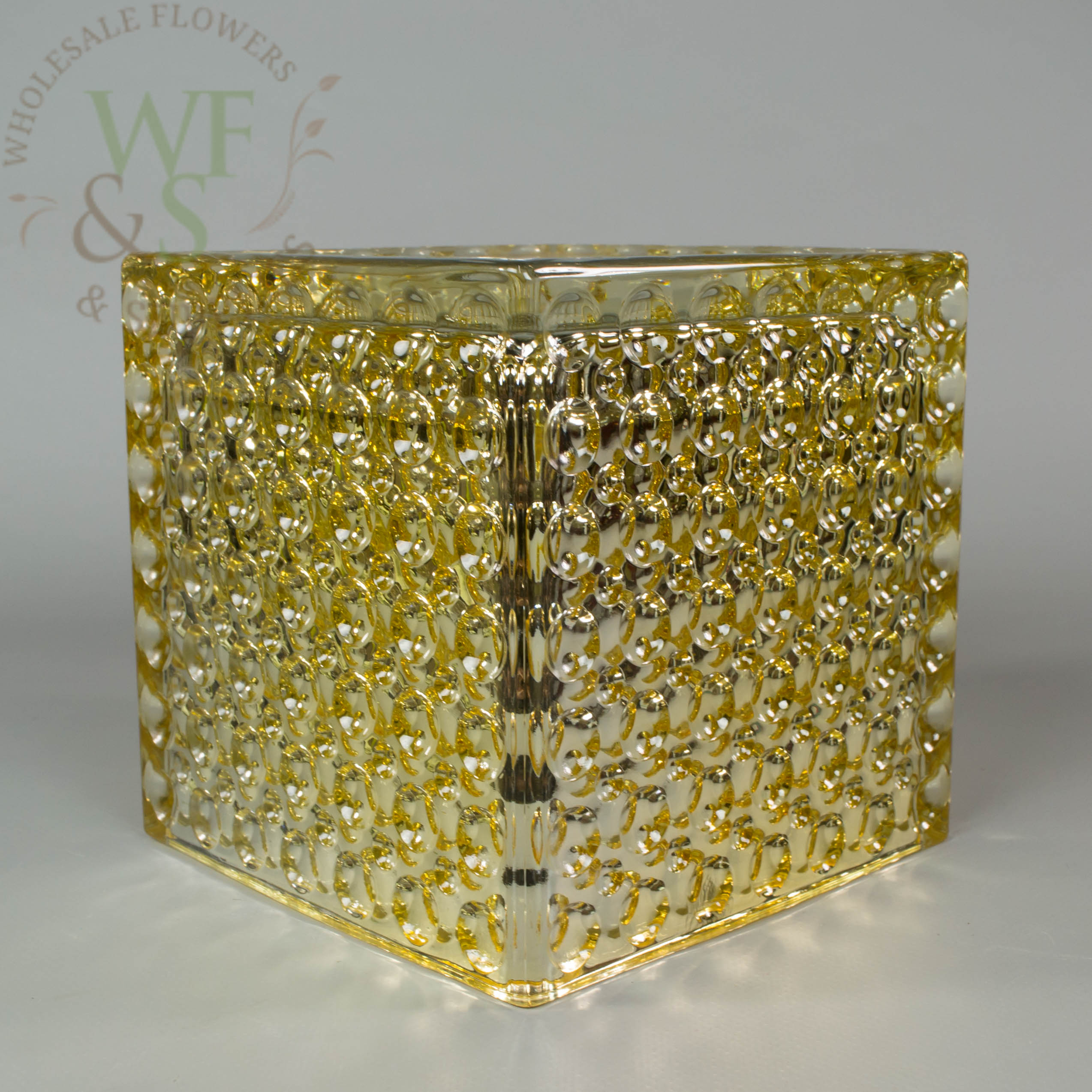 Square Gold Mirrored Glass Cube Vase Dimple Effect 6x6