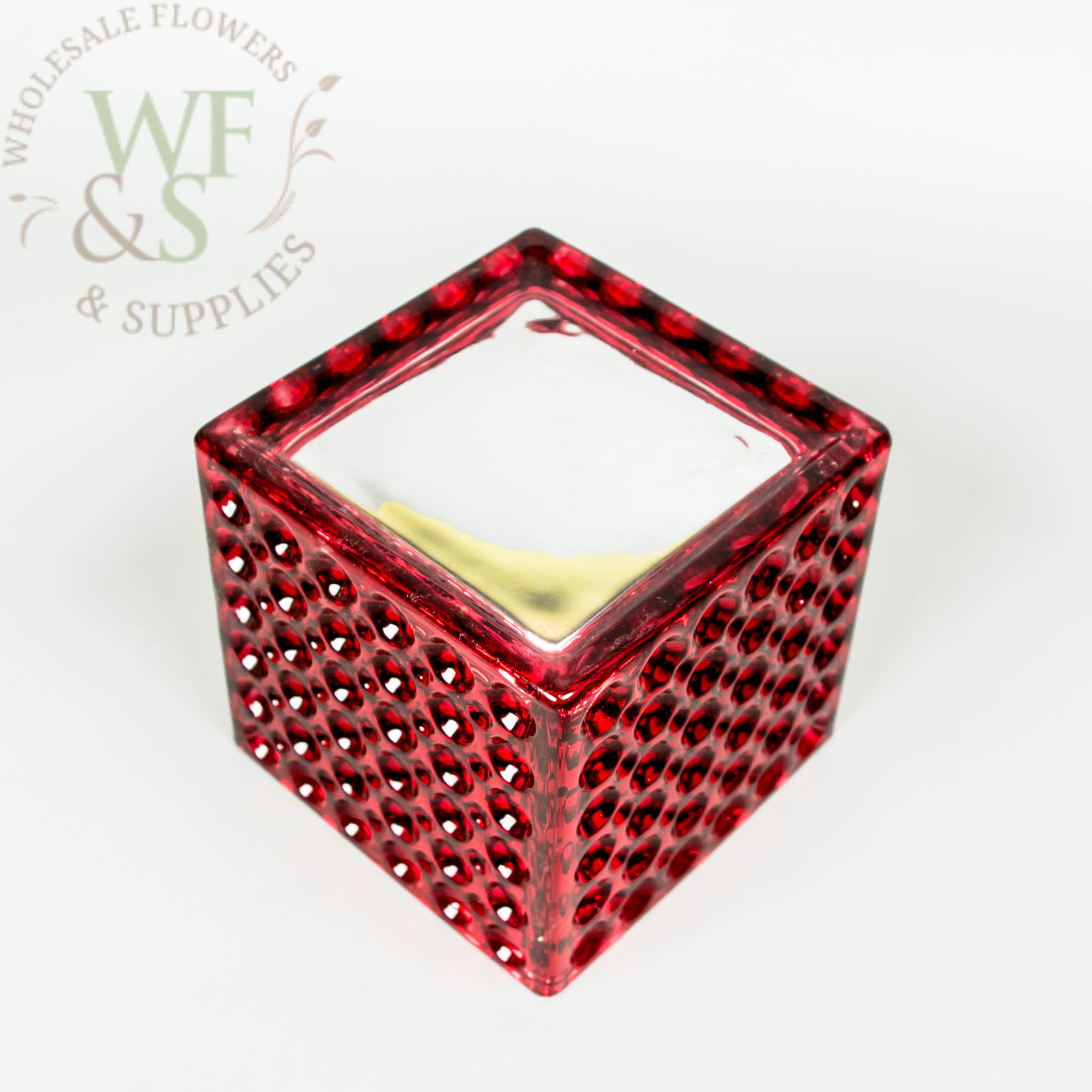 Square Red Mirrored Glass Cube Vase Dimple Effect 5x5