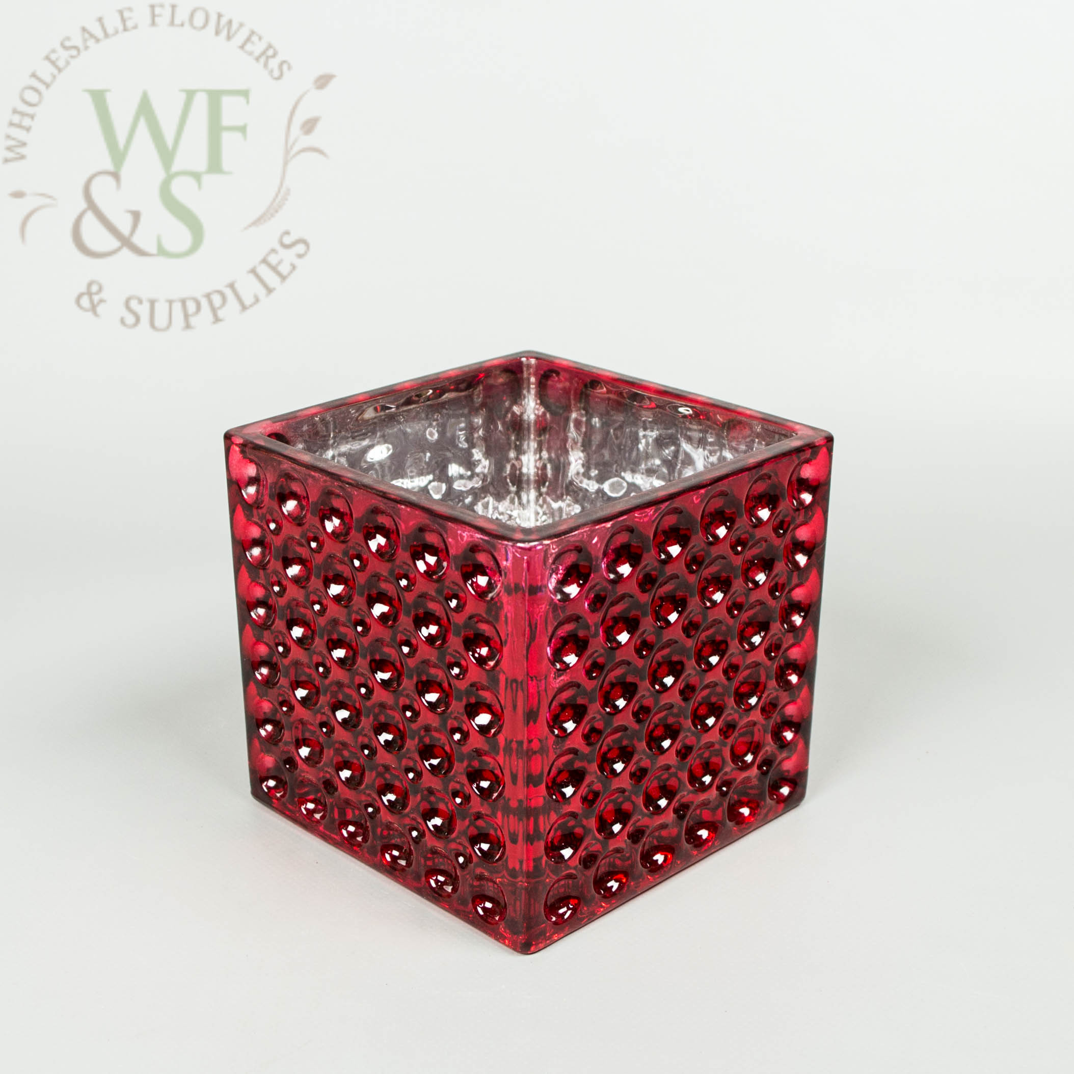 Square Red Mirrored Glass Cube Vase Dimple Effect 5x5 2