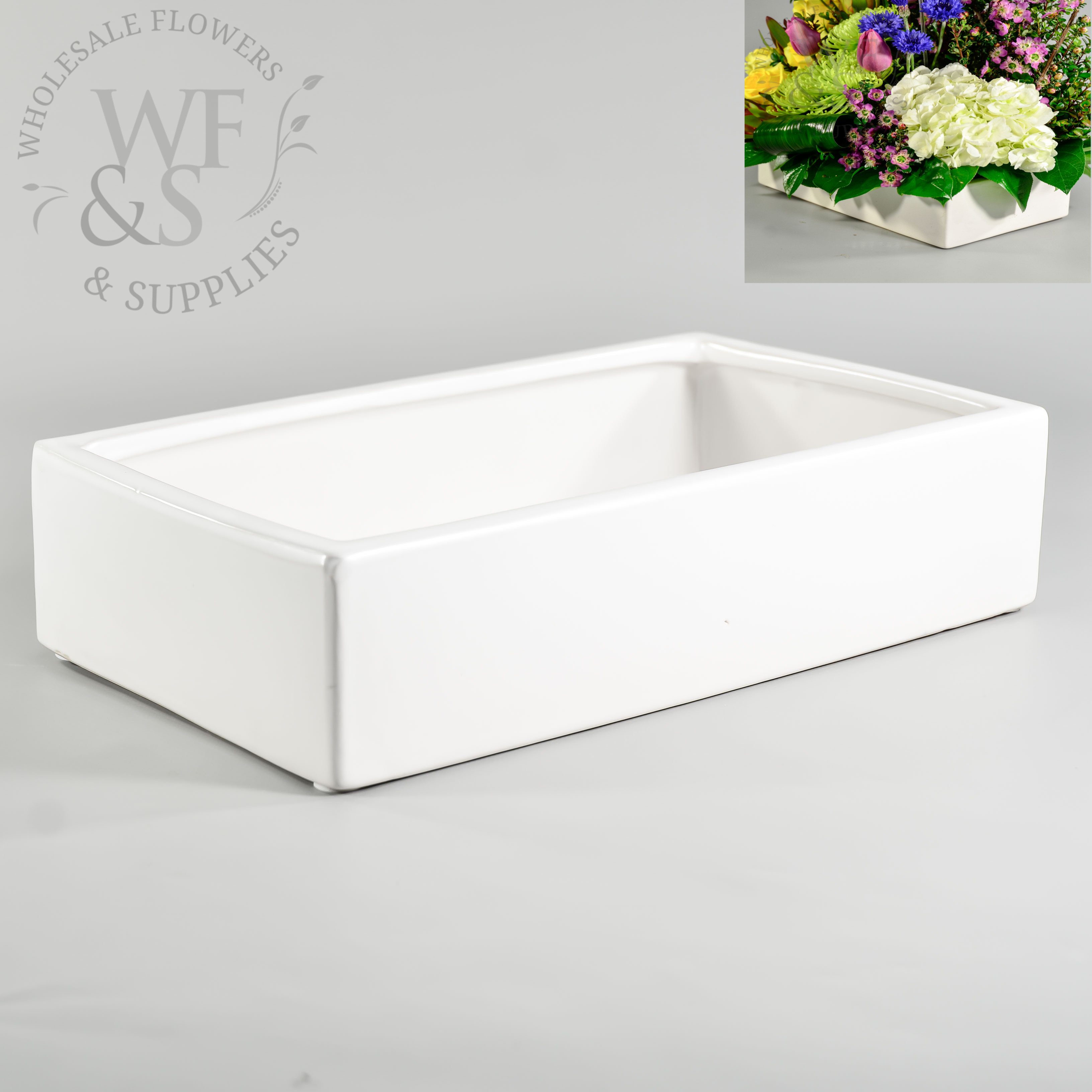 12" Rectangular Low Ceramic Vase - Matte White